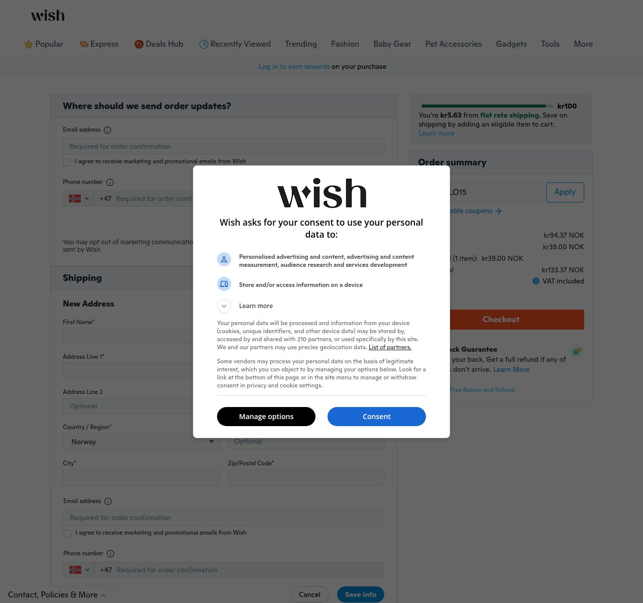 Where to enter the discount code on the Wish website