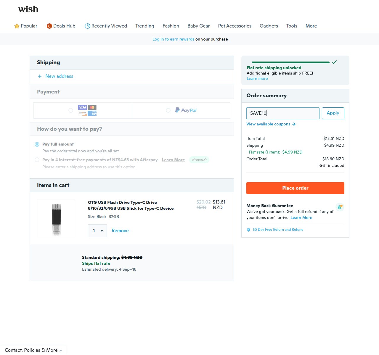 Where to enter the discount code on the Wish website