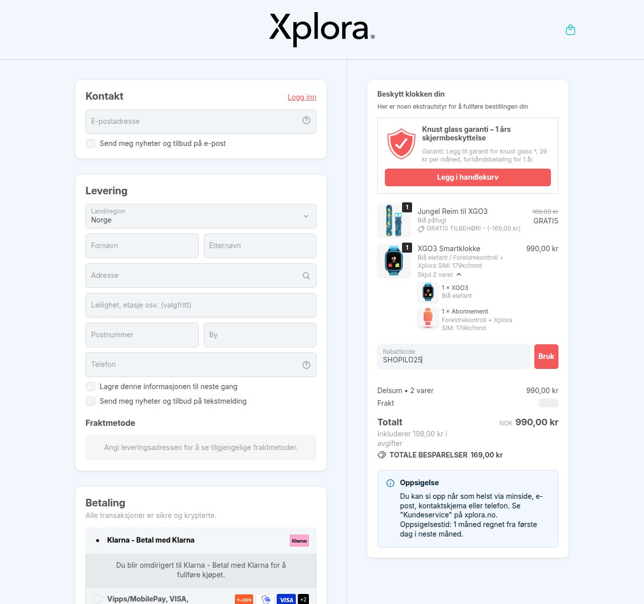 Where to enter the discount code on the Xplora website