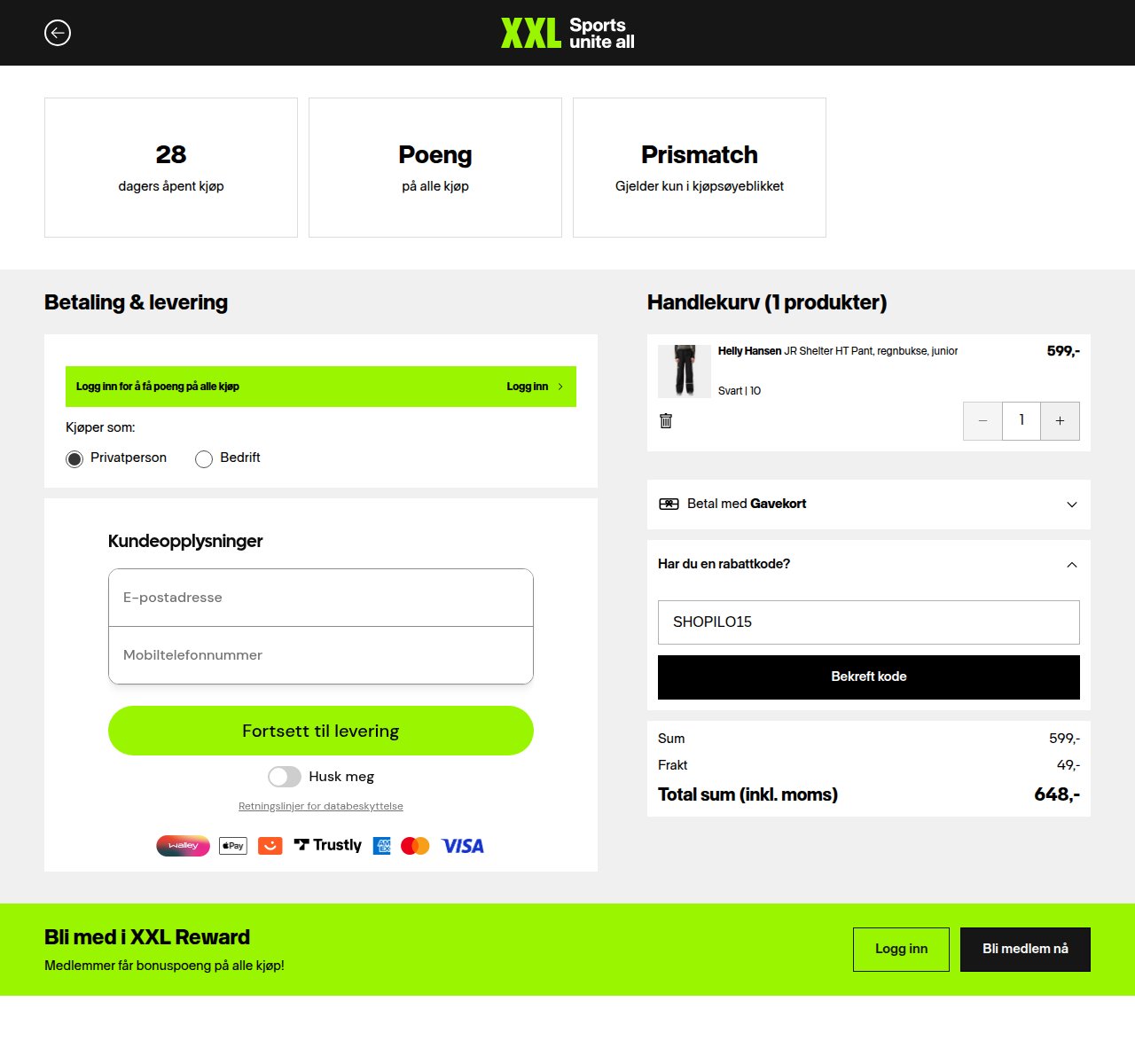 Where to enter the discount code on the XXL Sport og Villmark website