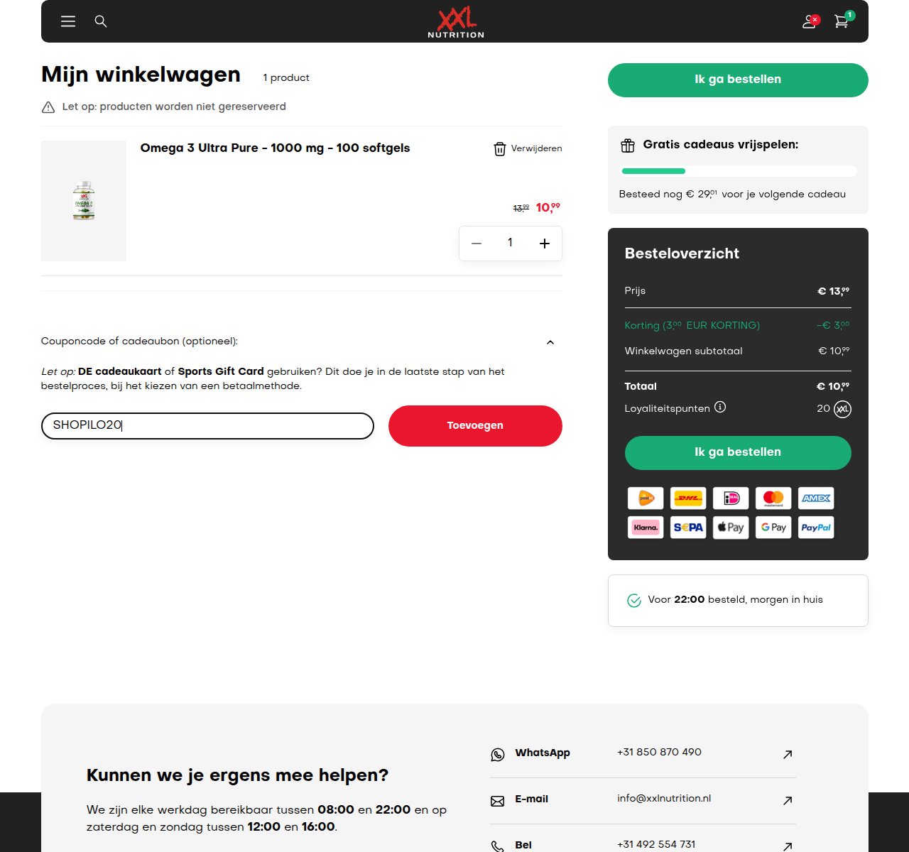 Waar je de kortingscode invoert op de XXL Nutrition-website