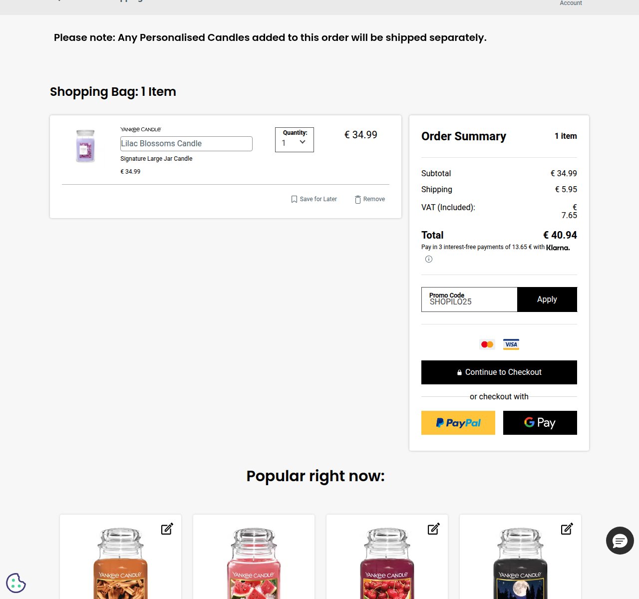 Where to enter the discount code on the Yankee Candle website