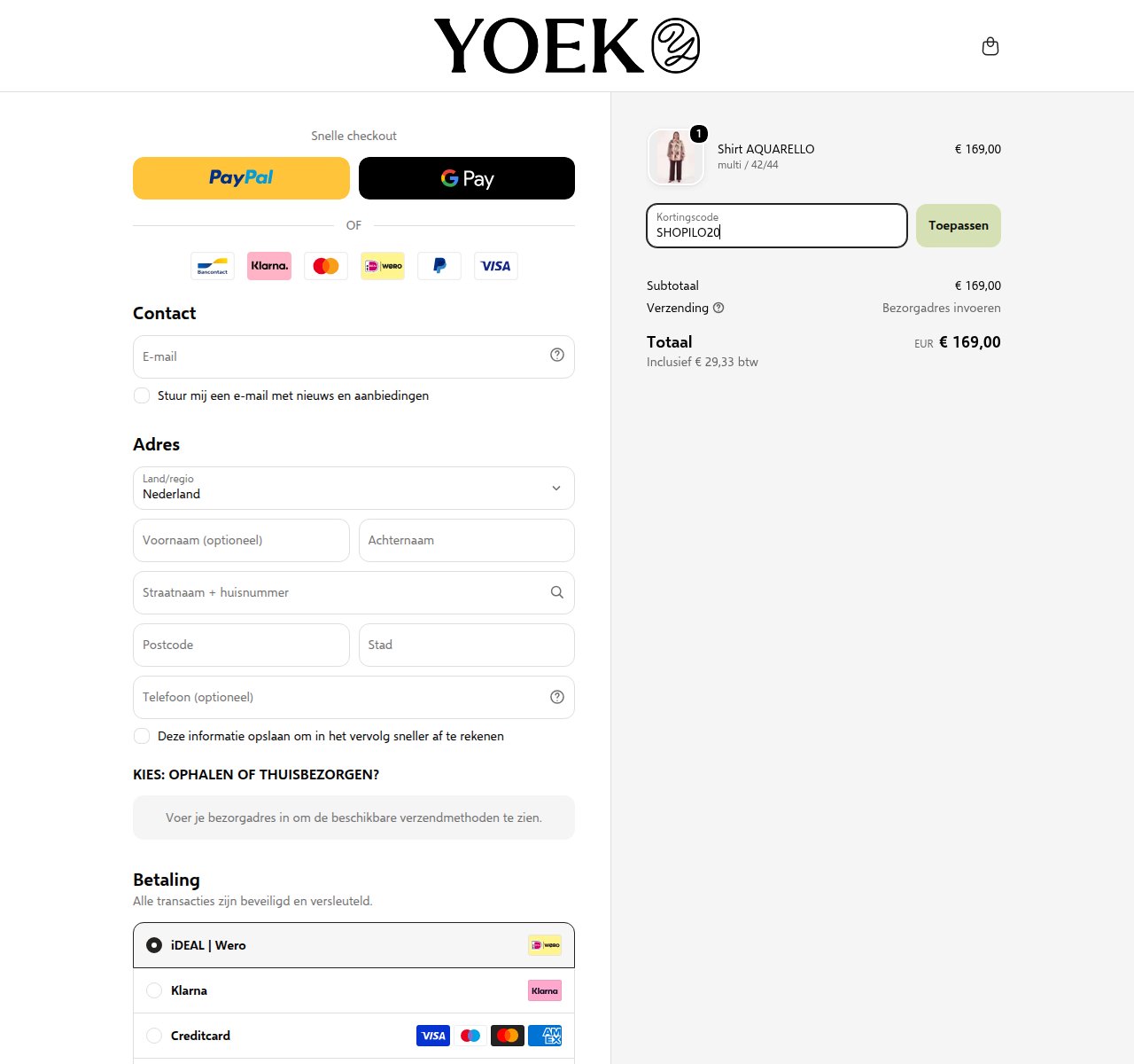Waar je de kortingscode invoert op de YOEK-website