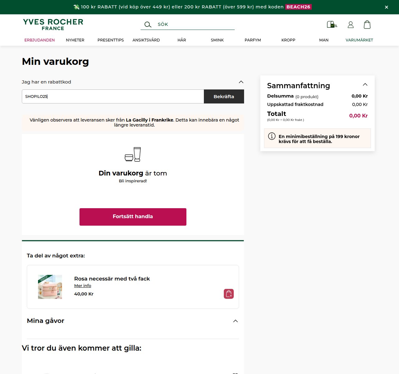 Var du anger rabattkoden på Yves Rochers webbplats