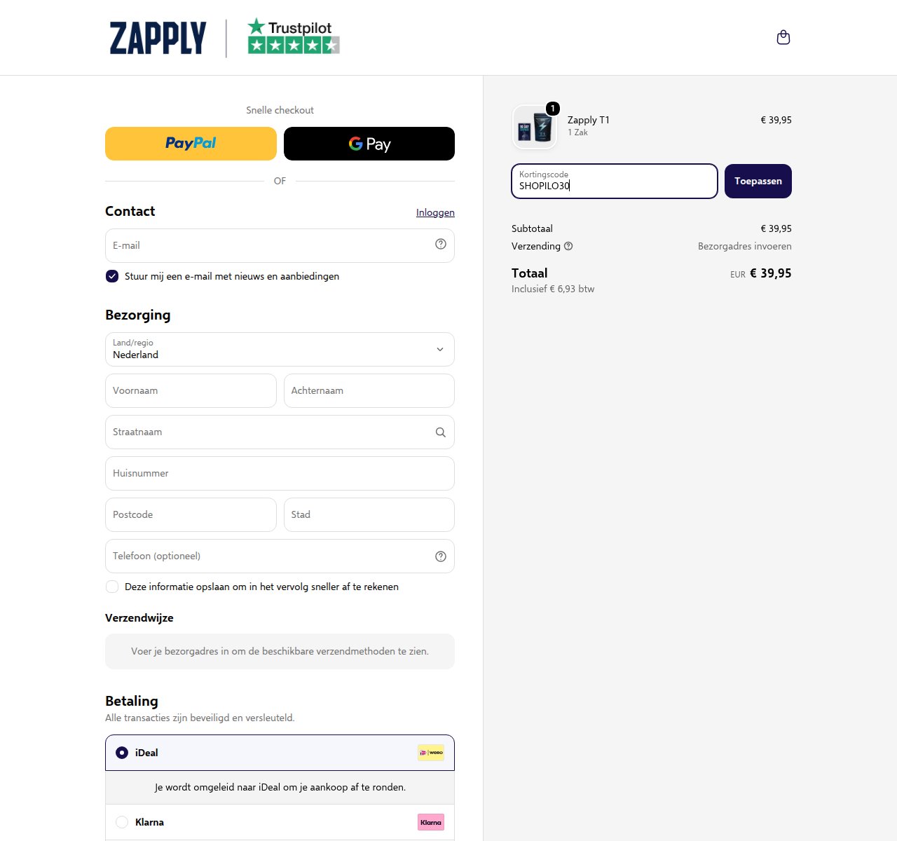 Waar je de kortingscode invoert op de Zapply-website