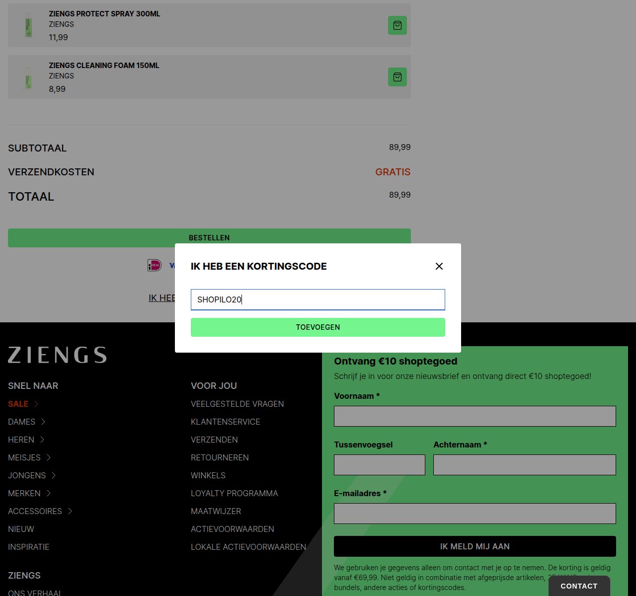 Waar je de kortingscode invoert op de Ziengs-website