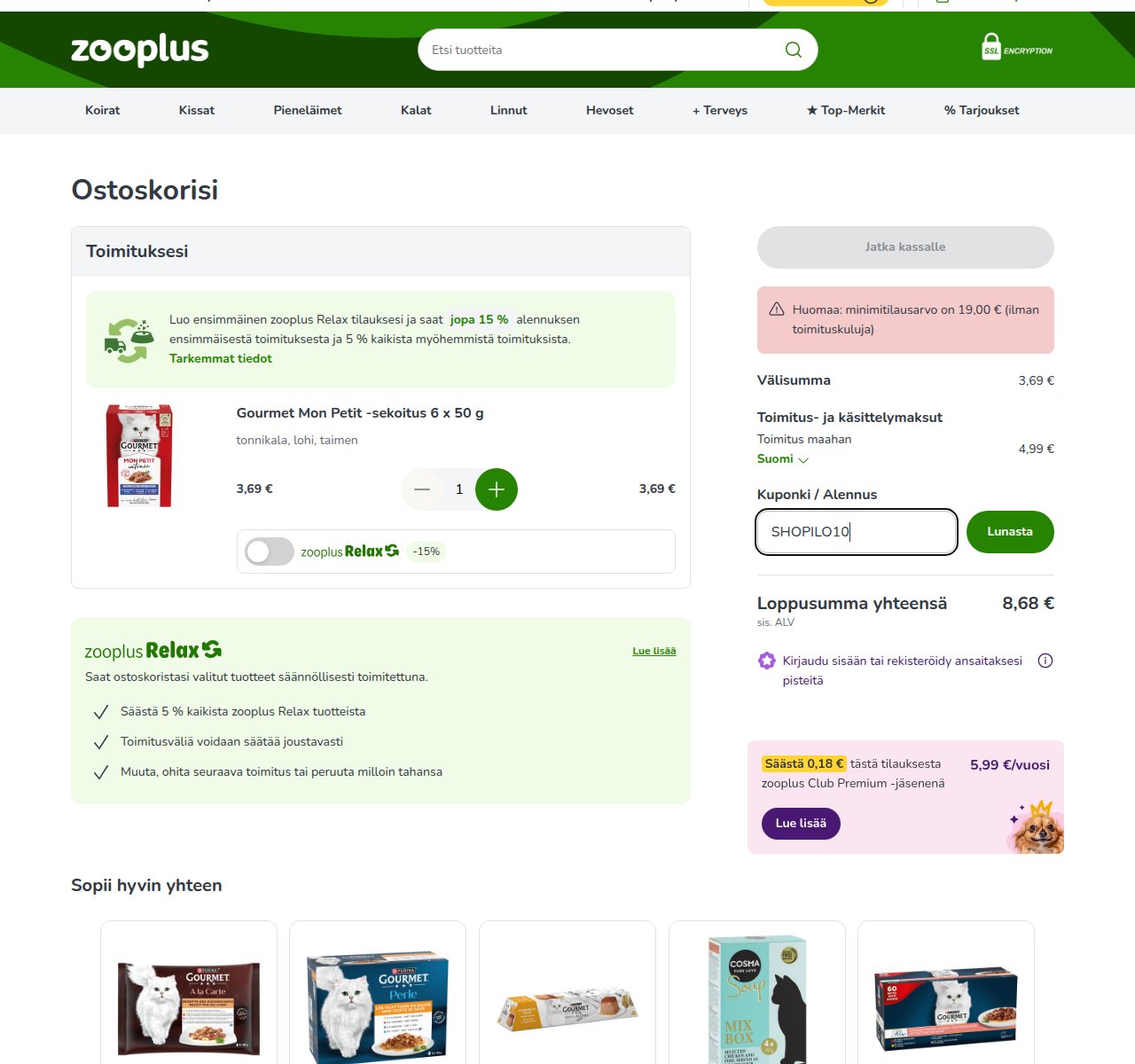 Mihin alennuskoodi syötetään Zooplus-sivustolla