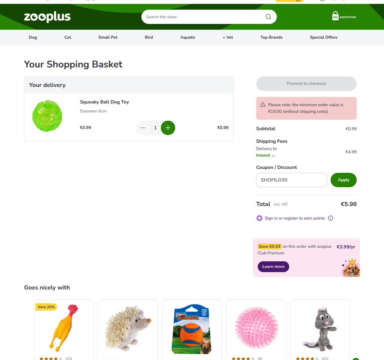 Where to enter the discount code on the Zooplus website