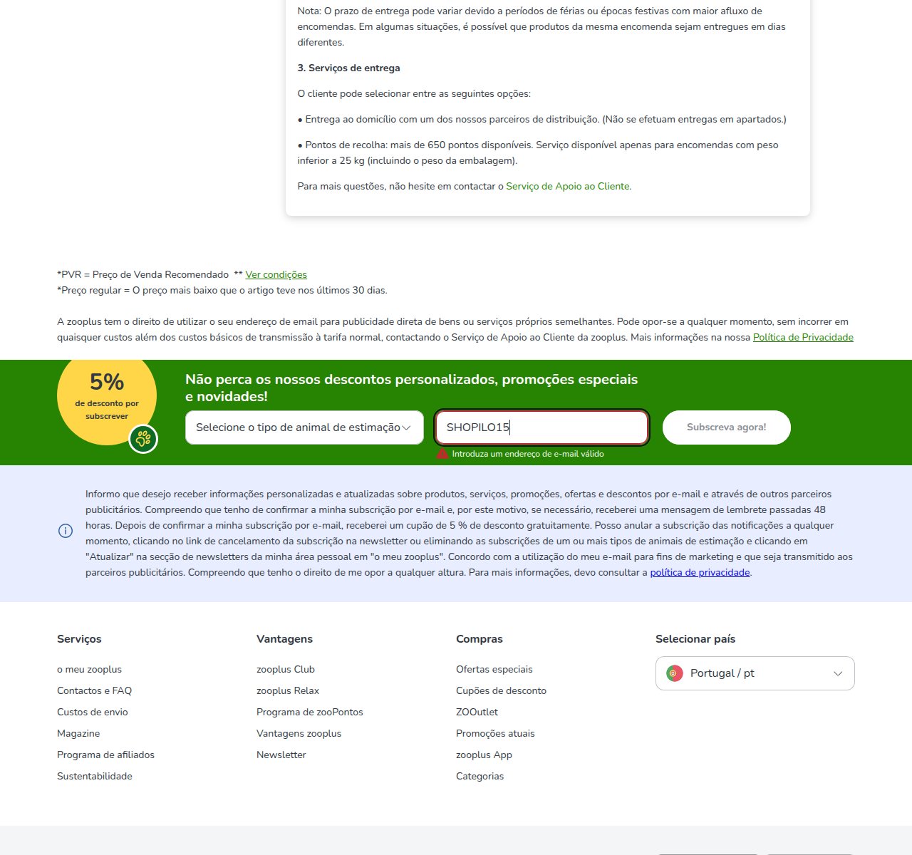 Onde inserir o código de desconto no site da Zooplus