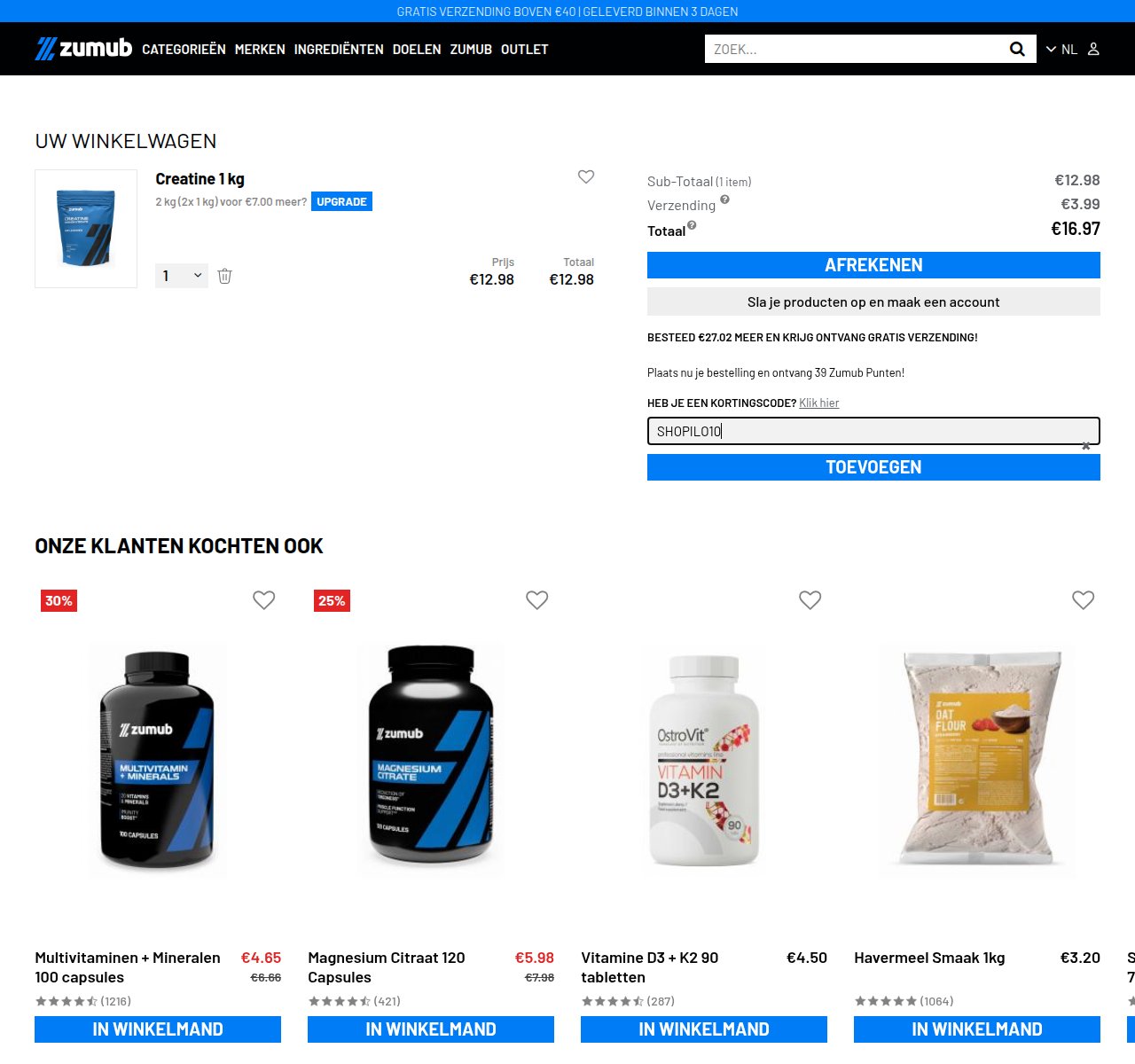 Waar je de kortingscode invoert op de Zumub-website