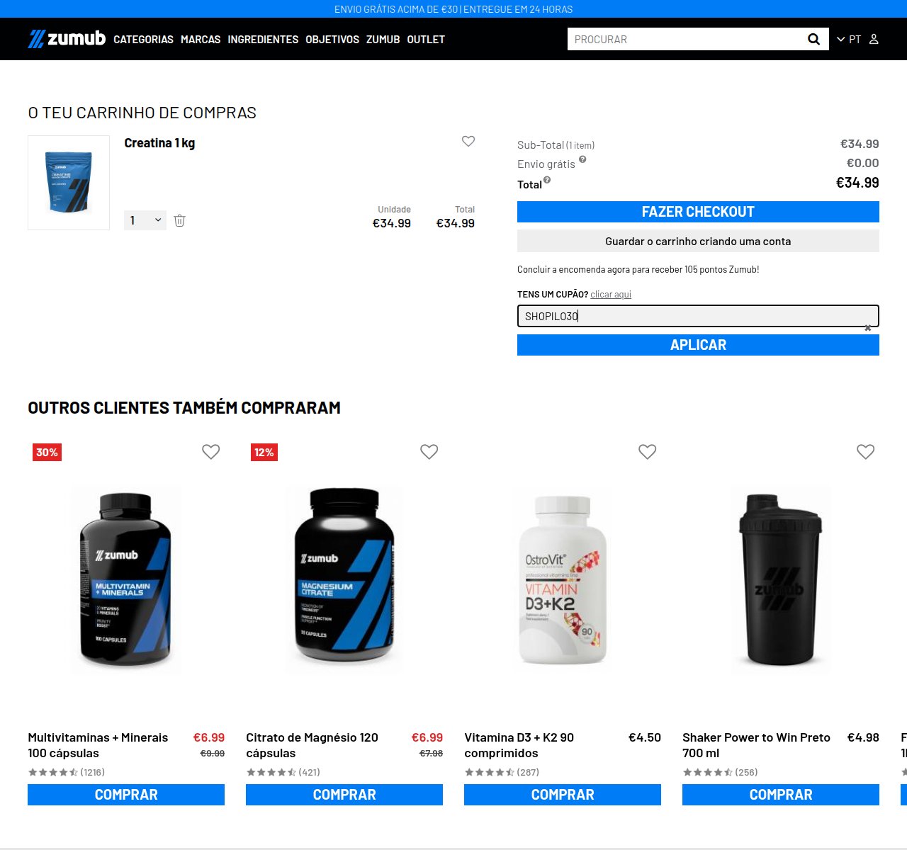 Onde inserir o código de desconto no site da Zumub