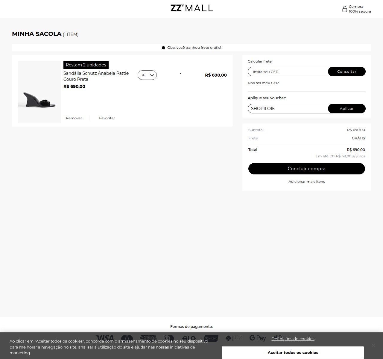 Onde inserir o código de desconto no site da ZZ MALL