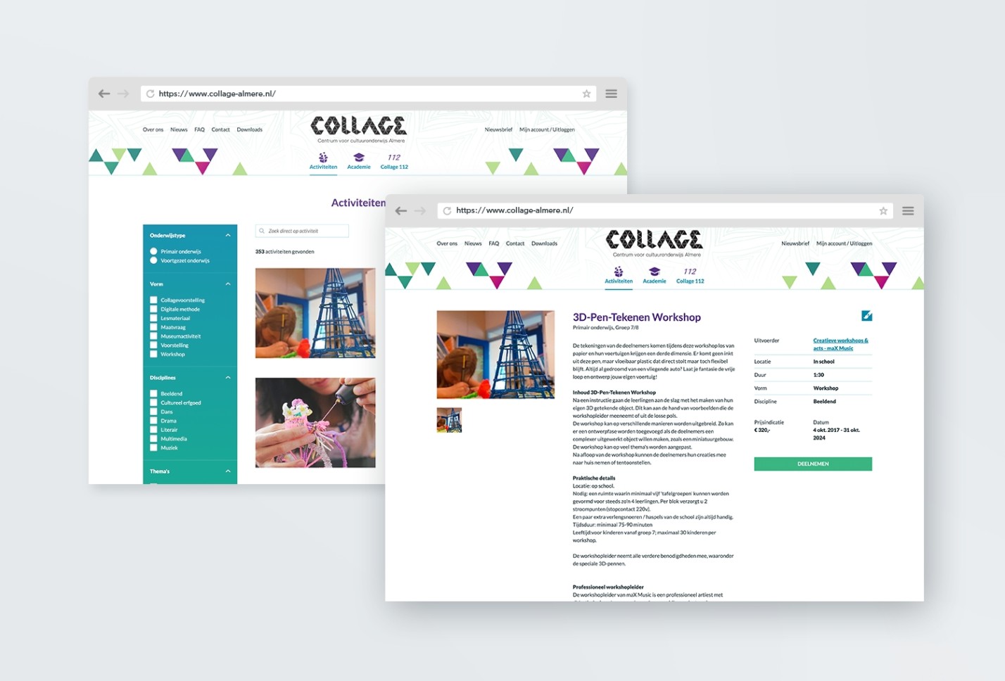 Schetsen van de website Collage Almere