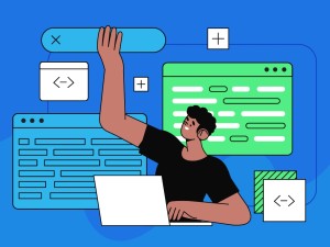 Illustratie van een persoon met tabbladen van websites om hem heen zwevend