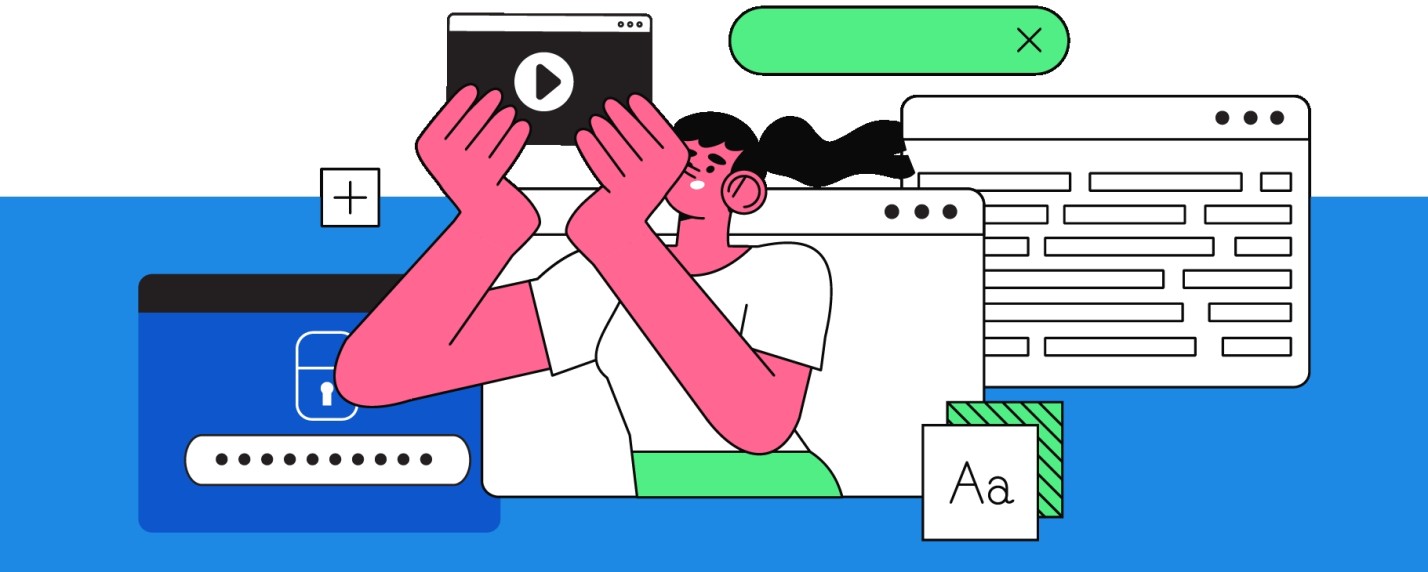 Een vrouw die uit een website design komt vanuit een browser een een HTML widget vasthoud waar een playbutton in staat