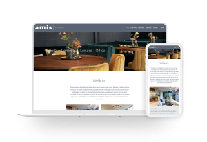 Laptop en telefoon met daarop de website van Amis Furniture
