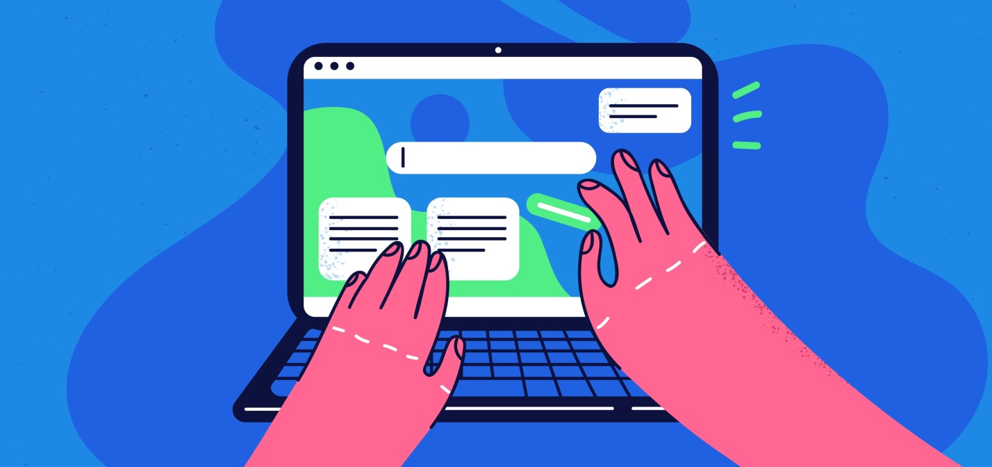 Decoratief beeld waarbij een personage werkt op een laptop