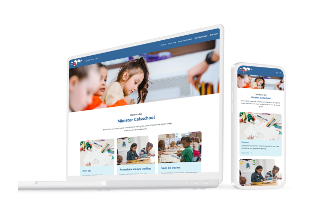 Laptop en telefoon met daarop de website van Minister Calsschool