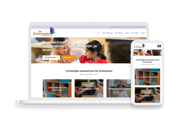 Laptop en telefoon met daarop de website van Christelijke basisschool De Driemaster