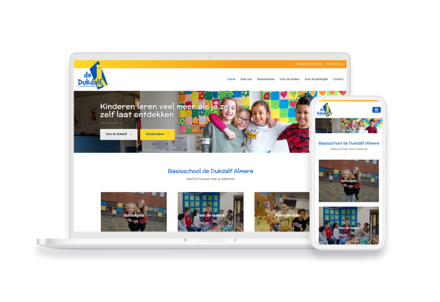 Laptop en telefoon met daarop de website van PCB De Dukdalf