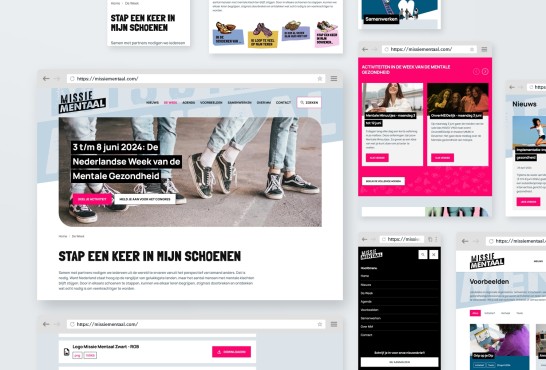 Collage van screenshots van de nieuwe website van Missie Mentaal