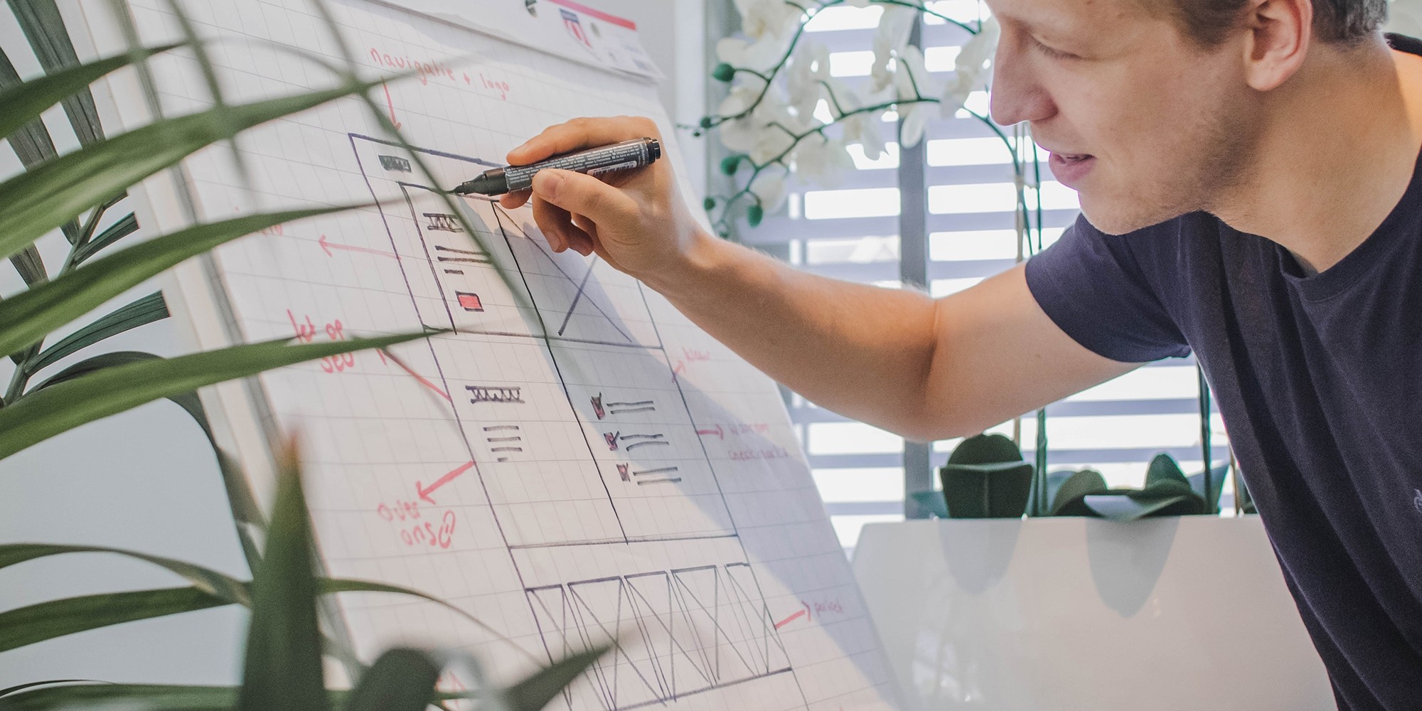 Werknemer van Websteen die op een whiteboard schrijft