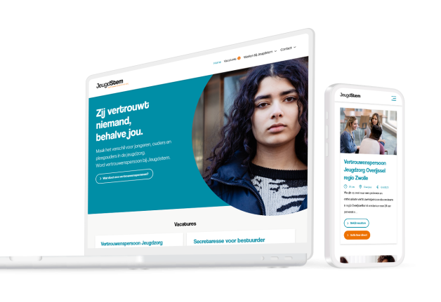 Laptop en telefoon met daarop de website van Werken bij Jeugdstem