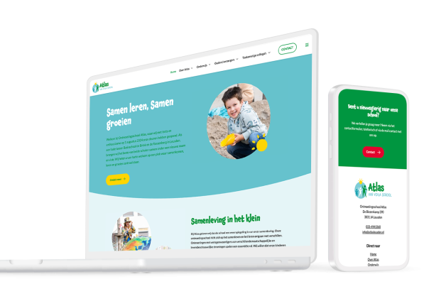 Laptop en telefoon met daarop de website van Ontmoetingsschool Atlas
