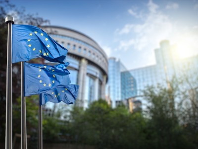 Europese vlaggen met een gebouw op de achtergrond