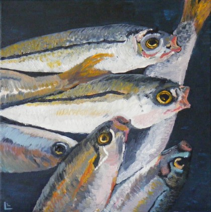 sardientjes, acrylverf 30 x 30 cm
