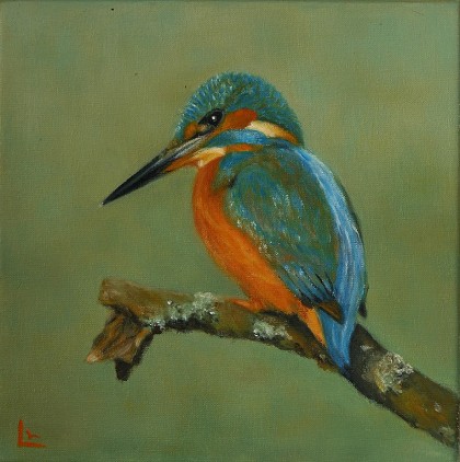 ijsvogel olieverf 30 x 30 cm