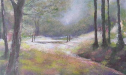 bruggetje in het bos olieverf 30 x 60 cm