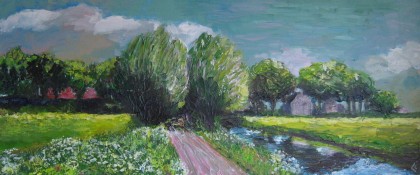 lente in de Eemnesser polder acrylverf 30 x 70 cm