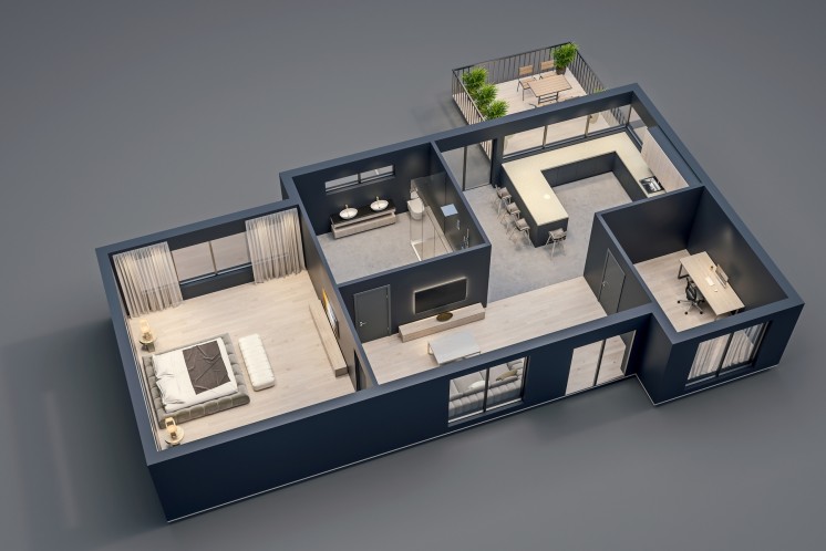3D render van een huis met verschillende documenten in de achtergrond