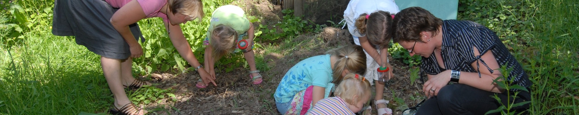 Jonge kinderen en begeleiders op onderzoek in de natuur.