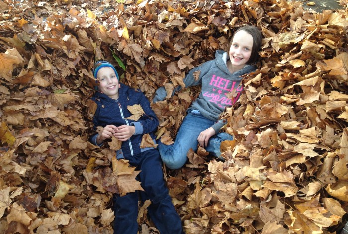 2 kinderen in een berg herfstbladeren.