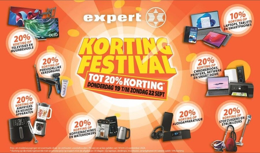 Oranje promotiebanner van Expert met in het midden groot de tekst 'Kortingsfestival' en daarom foto's van productcategorieen en kortingspercentages.