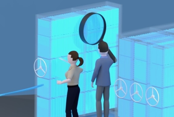 Menselijke figuren doorzoeken een archiefkast met behulp van een groot vergrootglas