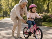 Oma leert kleindochter fietsen