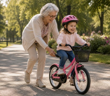 Oma leert kleindochter fietsen
