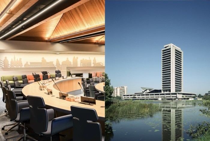 Links de raadzaal van Zwolle, rechts het Provinciehuis van Noord-Brabant