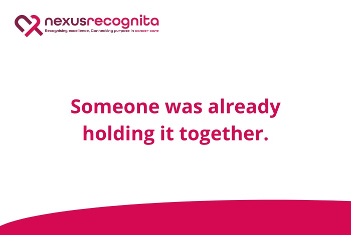 Magenta text on a white ground reading someone was already holding it together, above the Nexus Recognita logo.