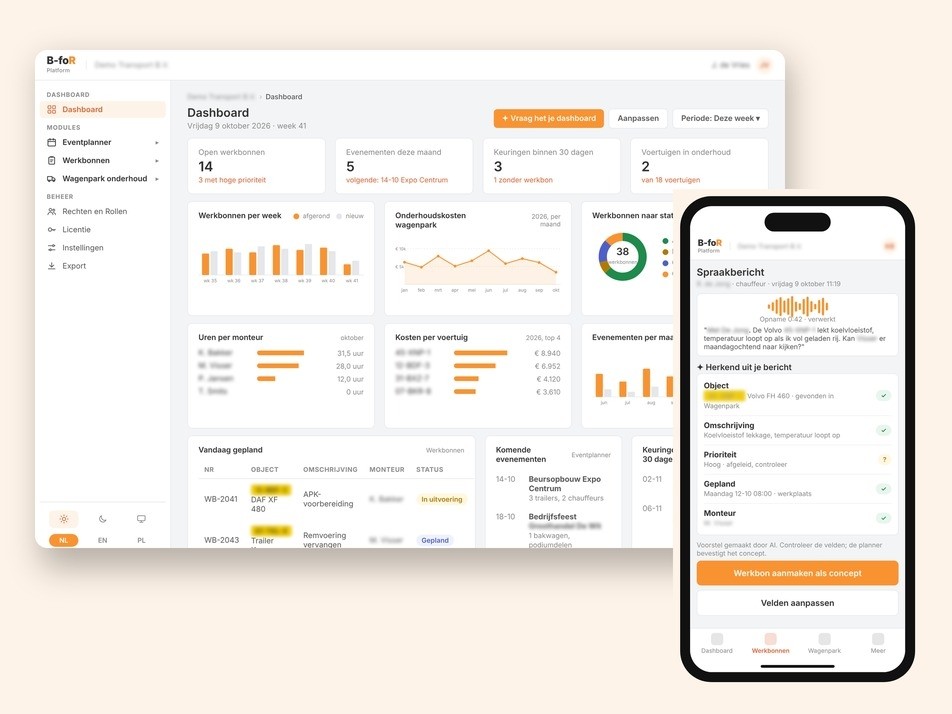 B-foR Platform van RolIT B.V.: dashboard op een computer en spraakbericht op een telefoon