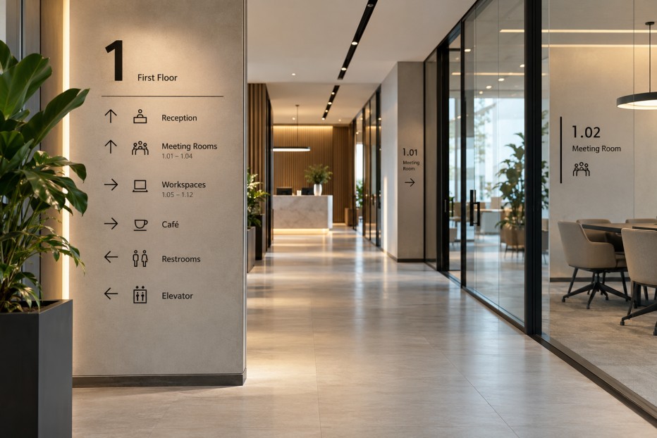 Wayfinding belettering in een moderen kantooromgeving.