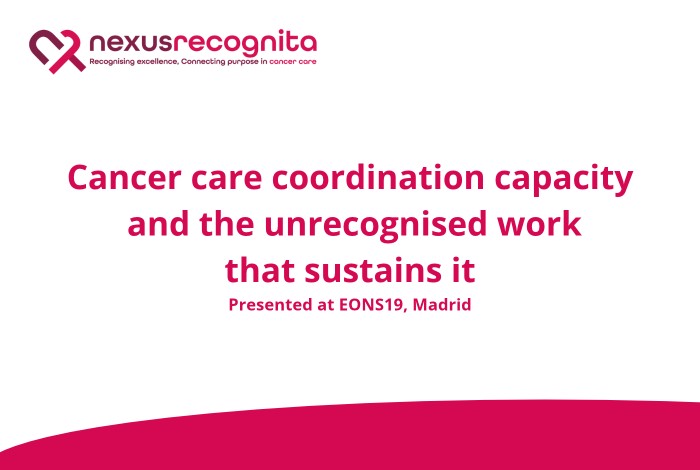 Magenta text on a white ground reading cancer care coordination capacity and the unrecognised work that sustains it, presented at EONS19, Madrid, beside the Nexus Recognita logo.