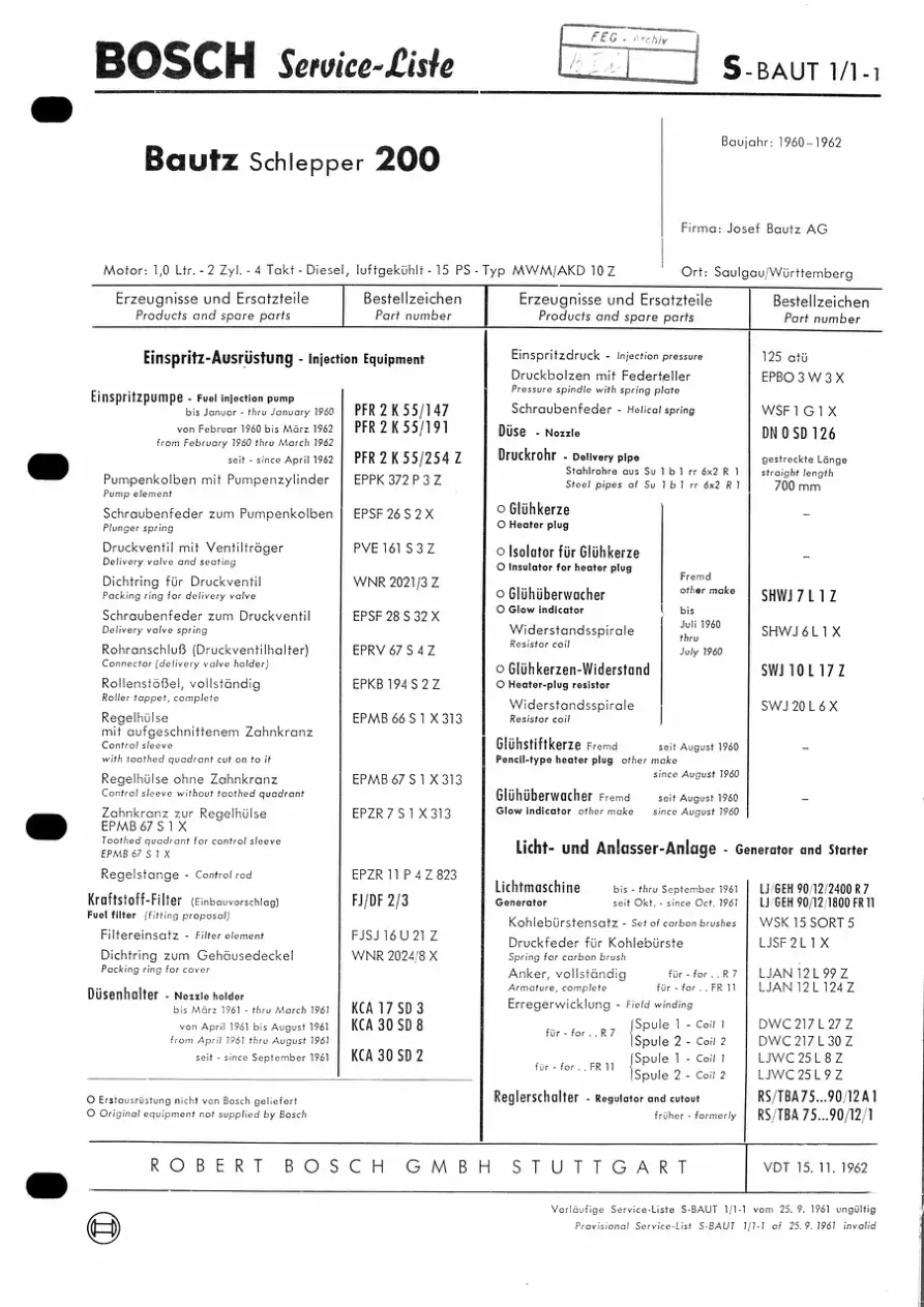 Bautz Schlepper 200 Bosch 1962 Operators Manual