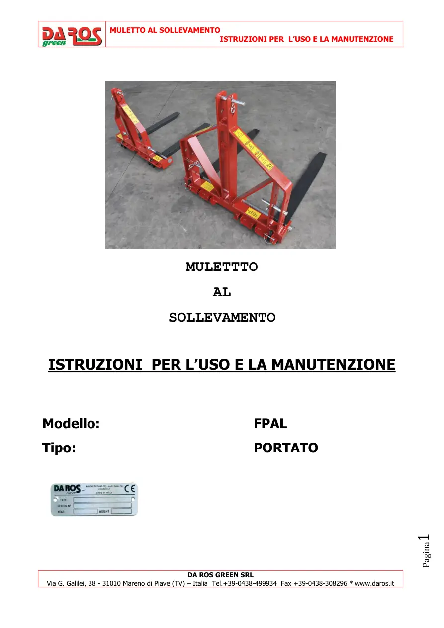 DaRos Fpal Portato Mulettto Al Sollevamento Operators Manual