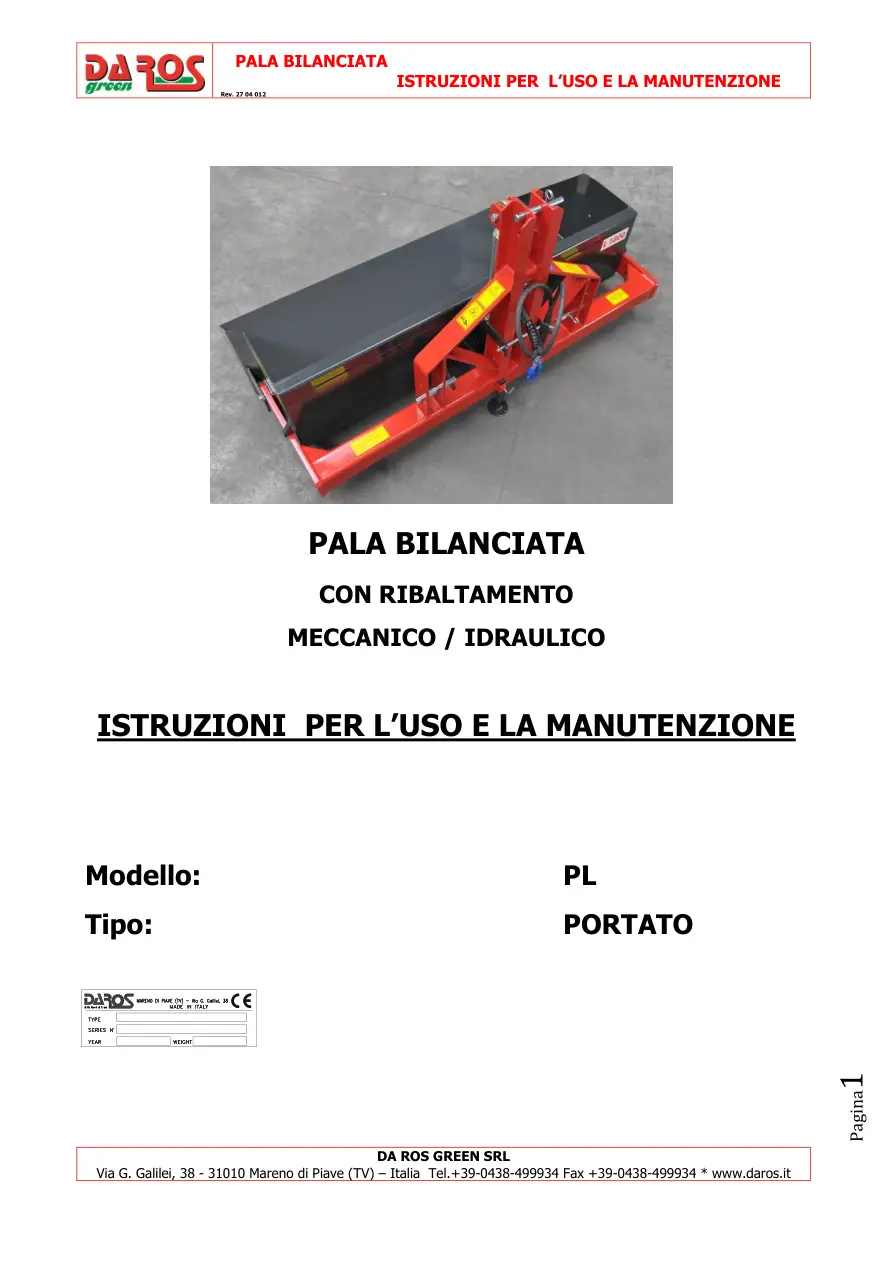 DaRos Pl Portato Pala Bilanciata Operators Manual