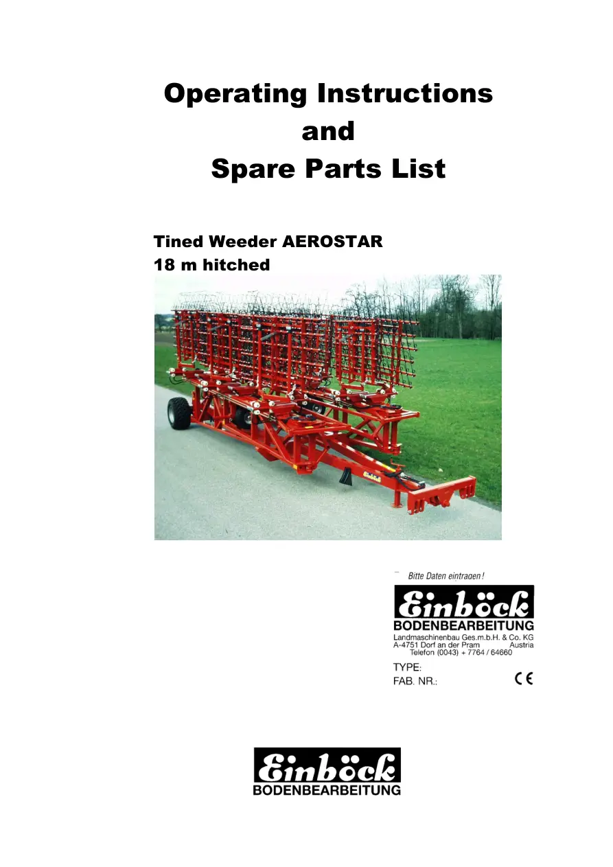 Einbock Tined Weeder Aerostar 18M Hitched Parts Manual