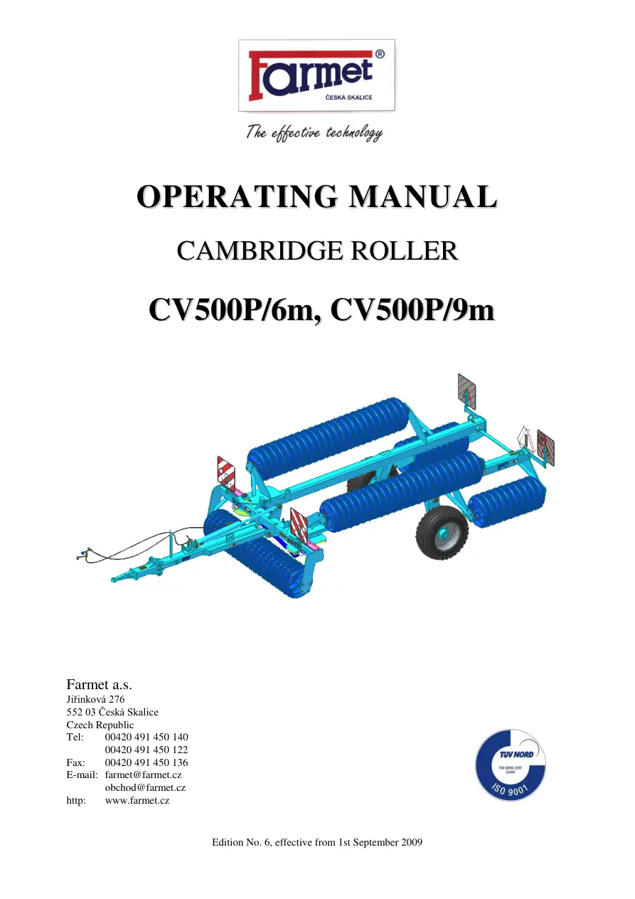 Farmet Cambridge Cv500P 6M Cv500P 9M 2009 Operators Manual